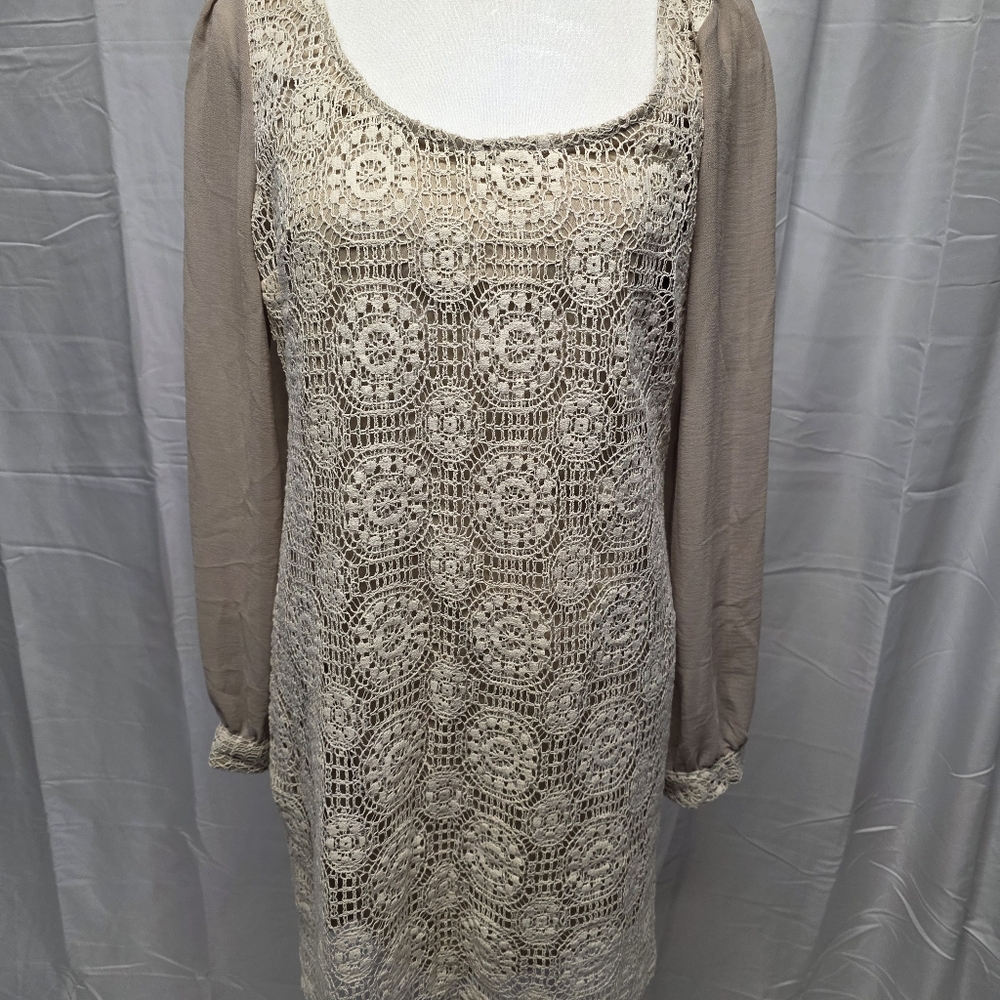 One Clothing Beige Crochet Long Sleeve Dress